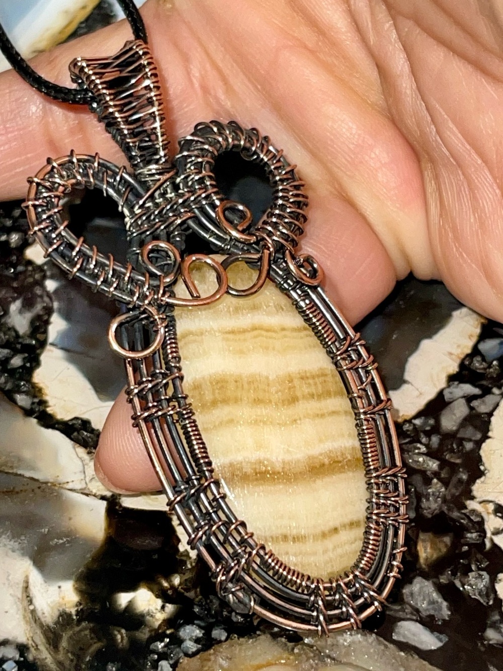 Copper Wire-wrapped Yellow - Cream Calcite Crystal Pendant 2 7/8”